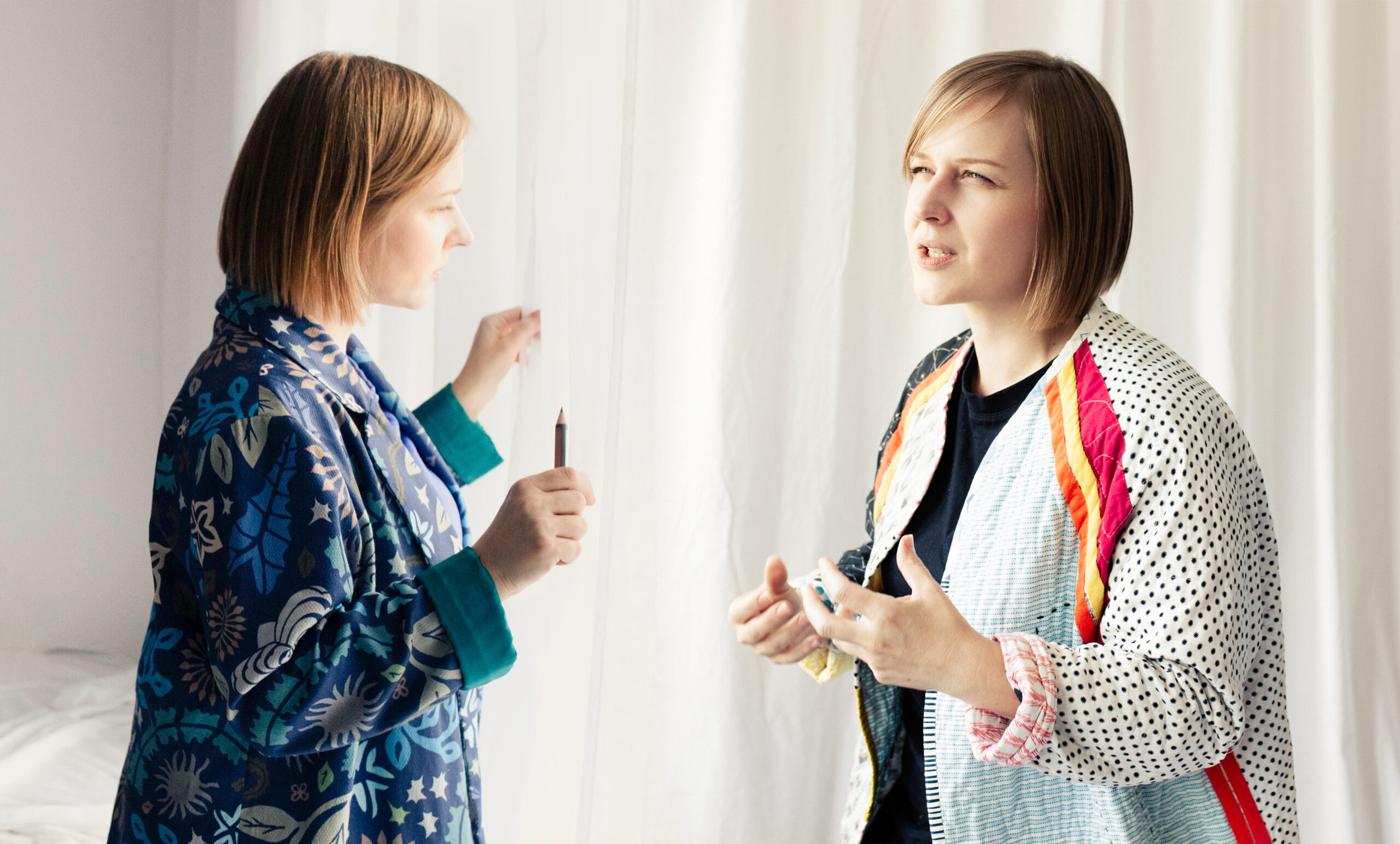 The founder and designer of Inner Imprints Arts Studio shown twice in one image, standing near a window— one figure holding a tool in an active pose, the other more still and reflective.