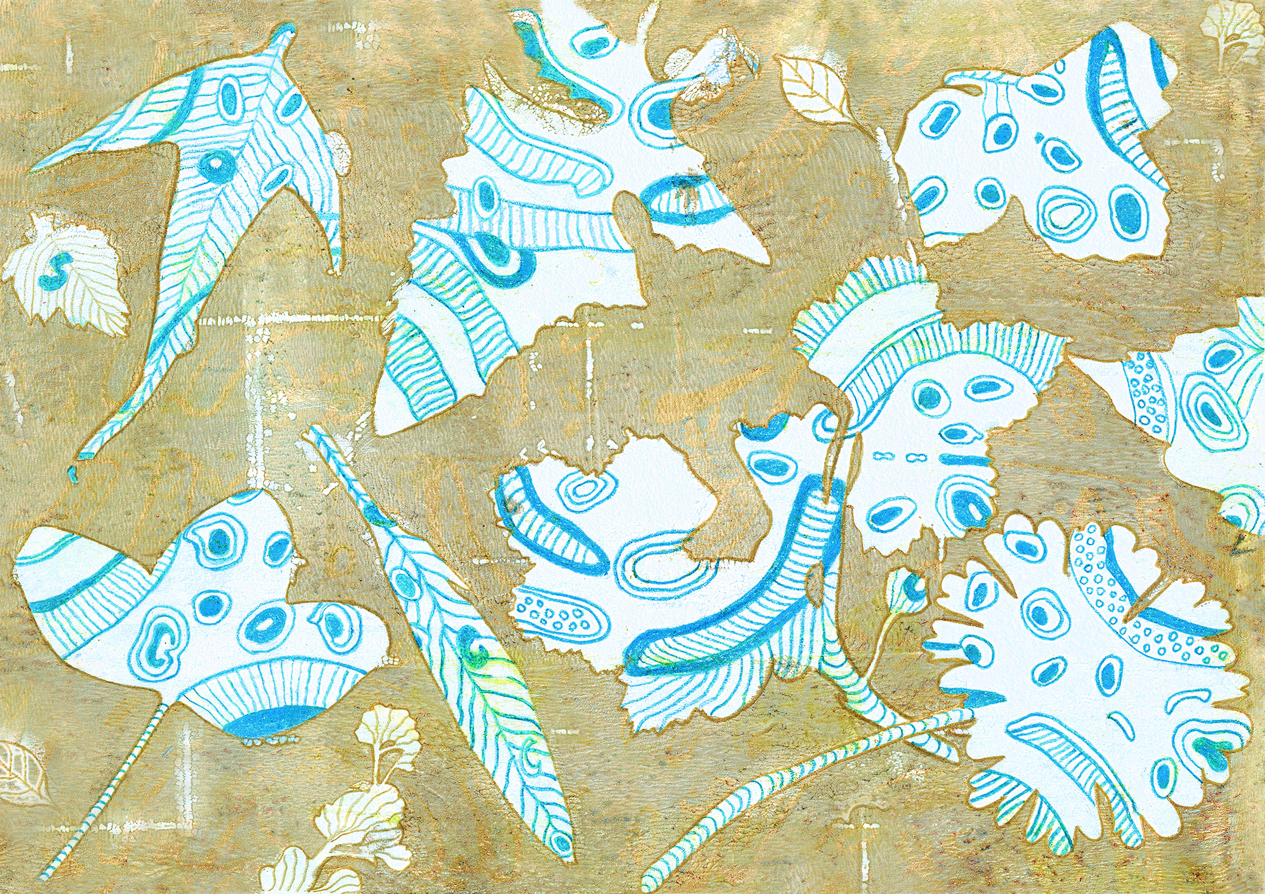 Abstract botanical pattern with stylized leaf shapes in blue on a textured earthy background hand-designed by Inner Imprints Art Studio.