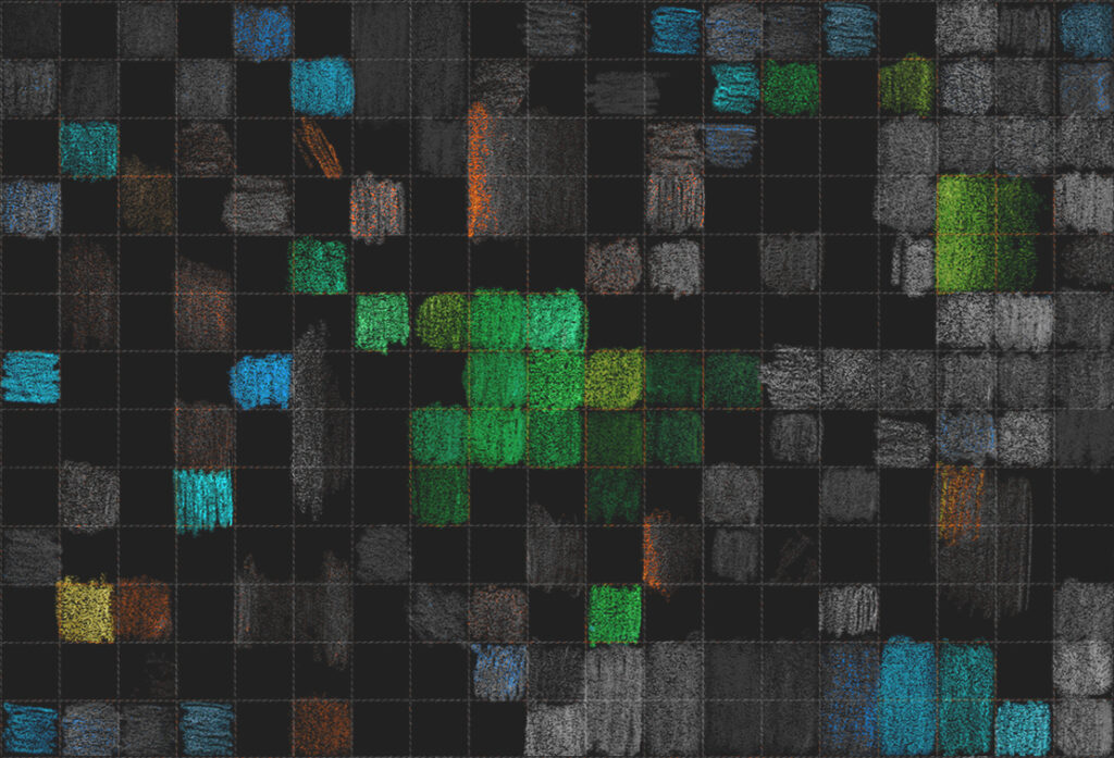 Digital reinterpretation of a coloured pencil grid artwork, with dark background and vivid green and blue highlights.