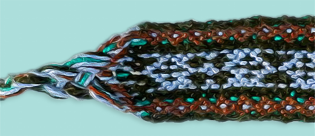 Close-up of a woven friendship bracelet in brown, turquoise, and soft blue tones on a pale background, digitally adapted by Inner Imprints.