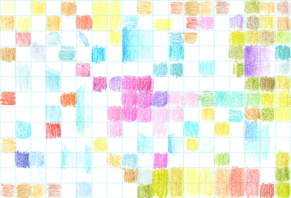 Hand-drawn grid of colorful squares in pastel tones, created with coloured pencils on white paper.