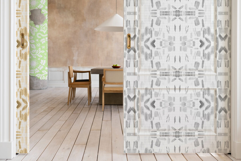 Mockup showing a softly lit interior with patterns designed by Inner Imprints. The view through the open door — symbolizing curiosity, openness, and creative beginnings.