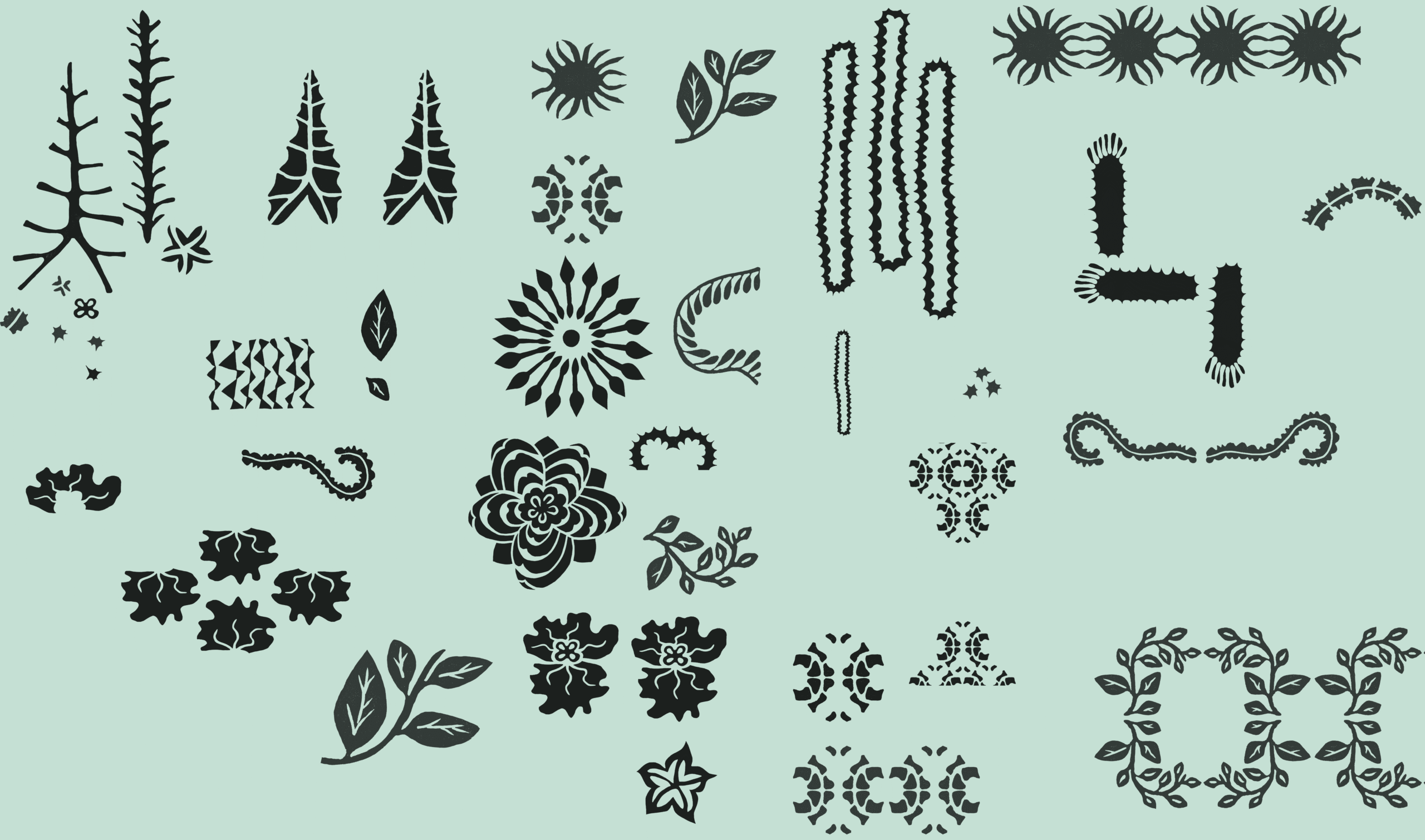 A digital collection of black floral and botanical motifs on a muted green background, created from original block prints and stored as a Photoshop repository by Inner Imprints.