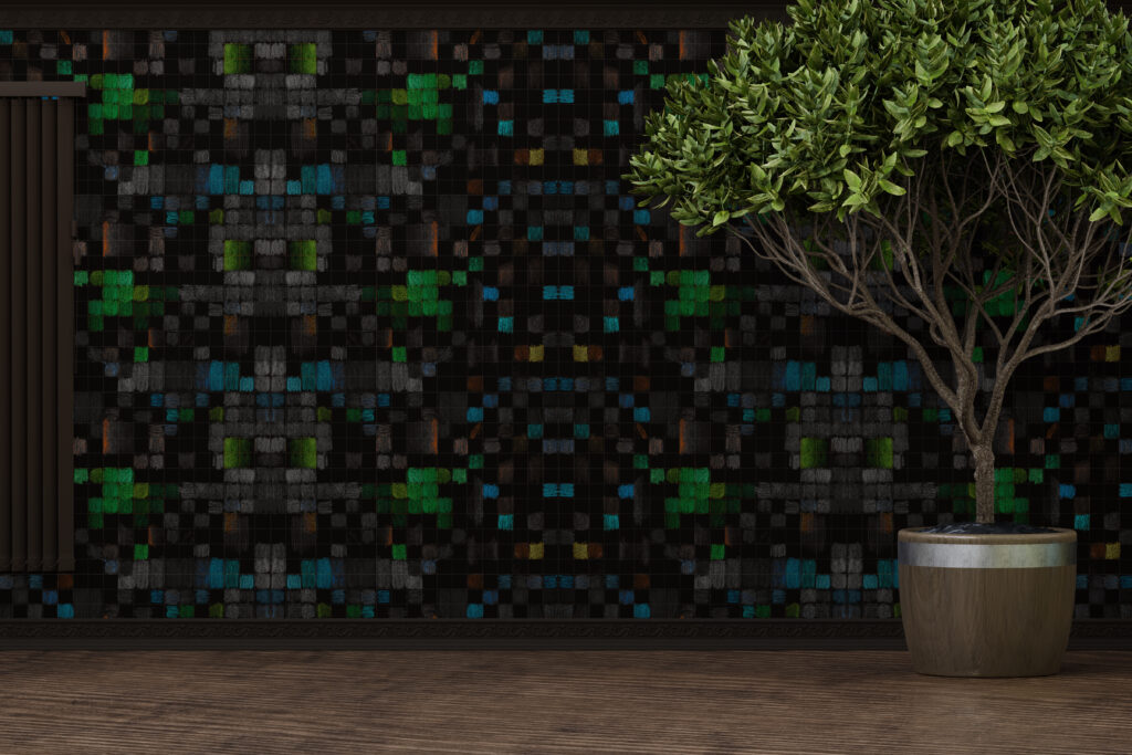 Interior mockup of a modern room with a large potted tree, featuring a dark geometric wall design in green, blue, and grey tones created by Inner Imprints.
