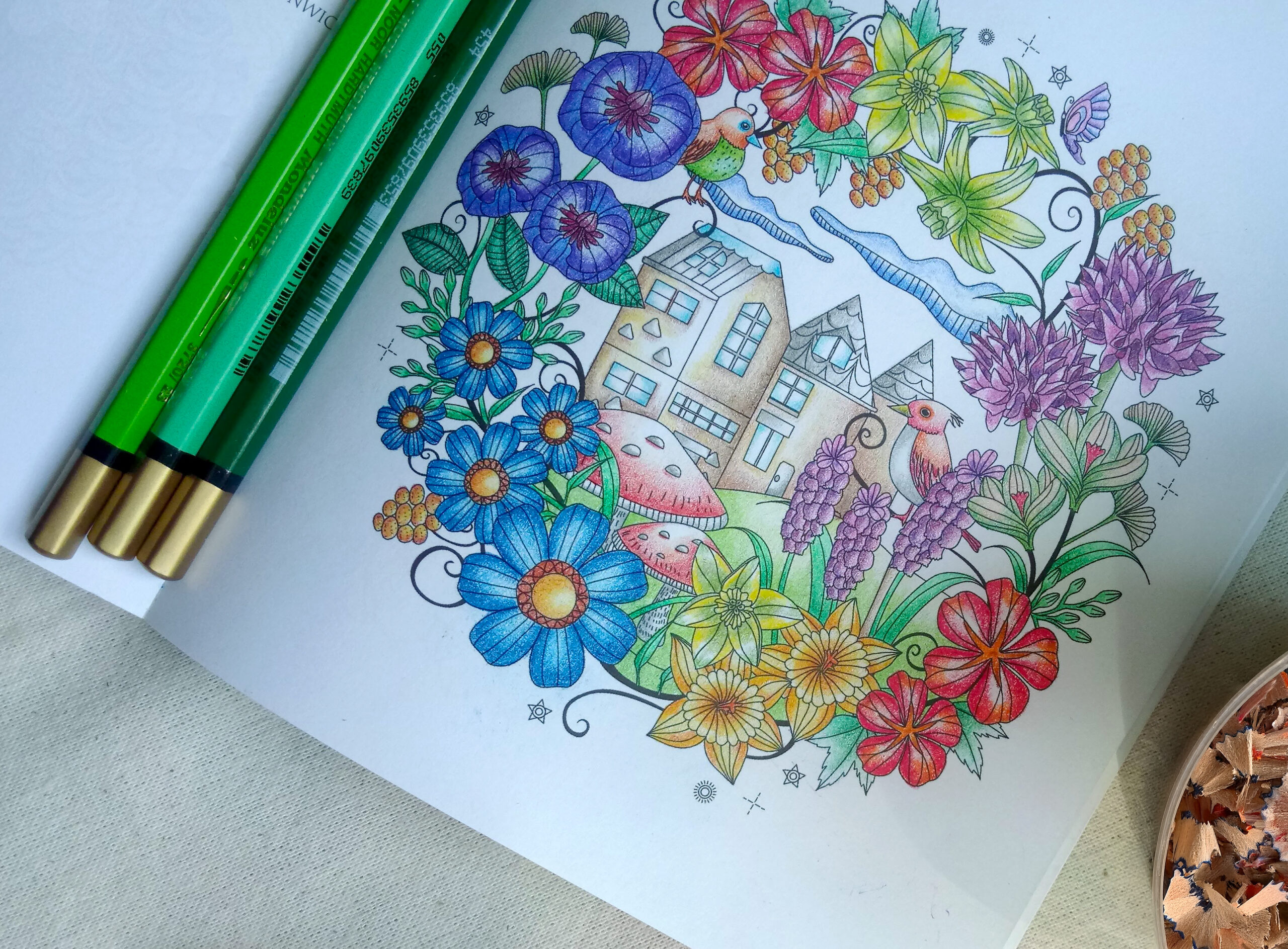 A close-up of a colouring book page filled with bright flowers, birds, and houses, coloured with pencils in vivid blue, red, yellow, and green tones by Inner Imprints.