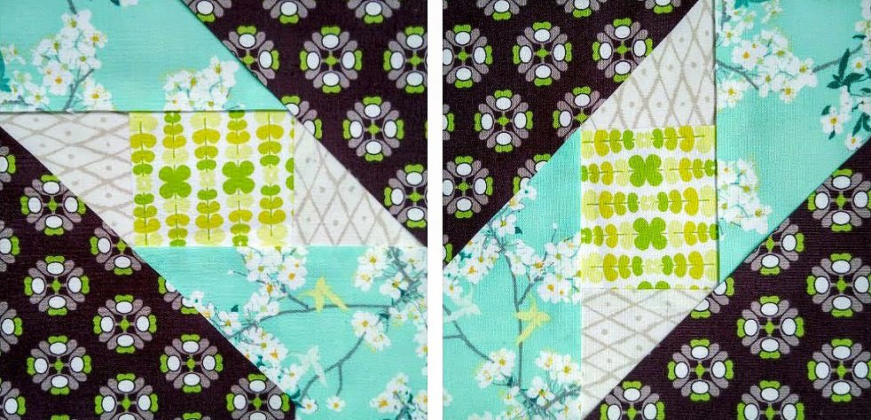 Two quilt blocks sewn from soft teal, brown and lime patterned fabrics arranged symmetrically