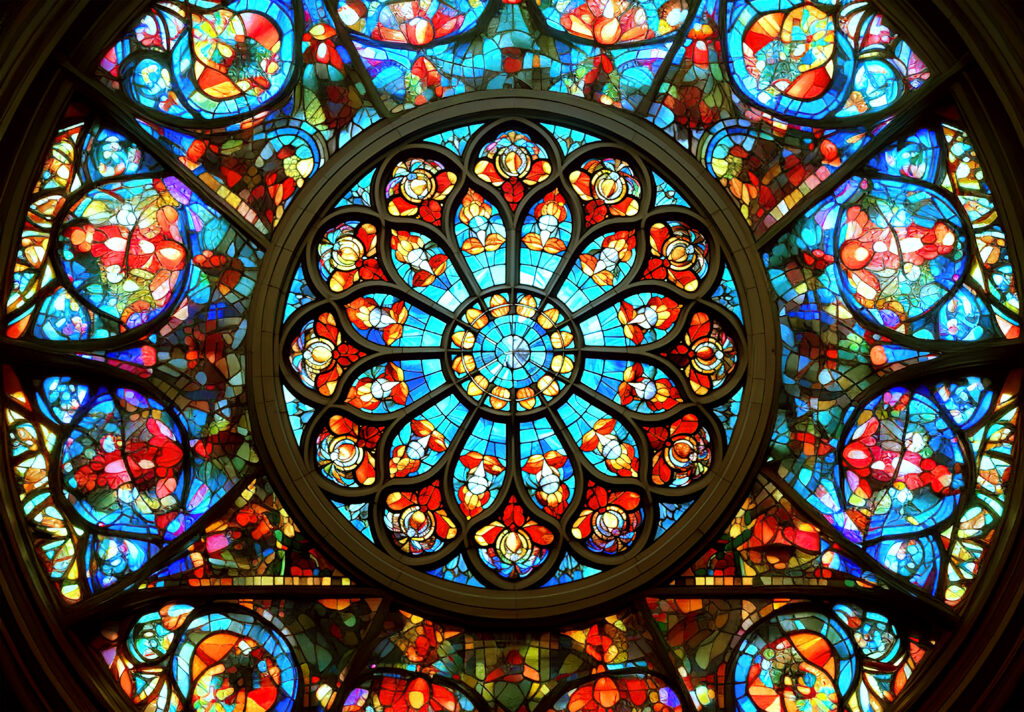 Circular stained glass window with an intricate floral and geometric pattern in blue, red and gold hues, an adapted photograph by Inner Imprints.
