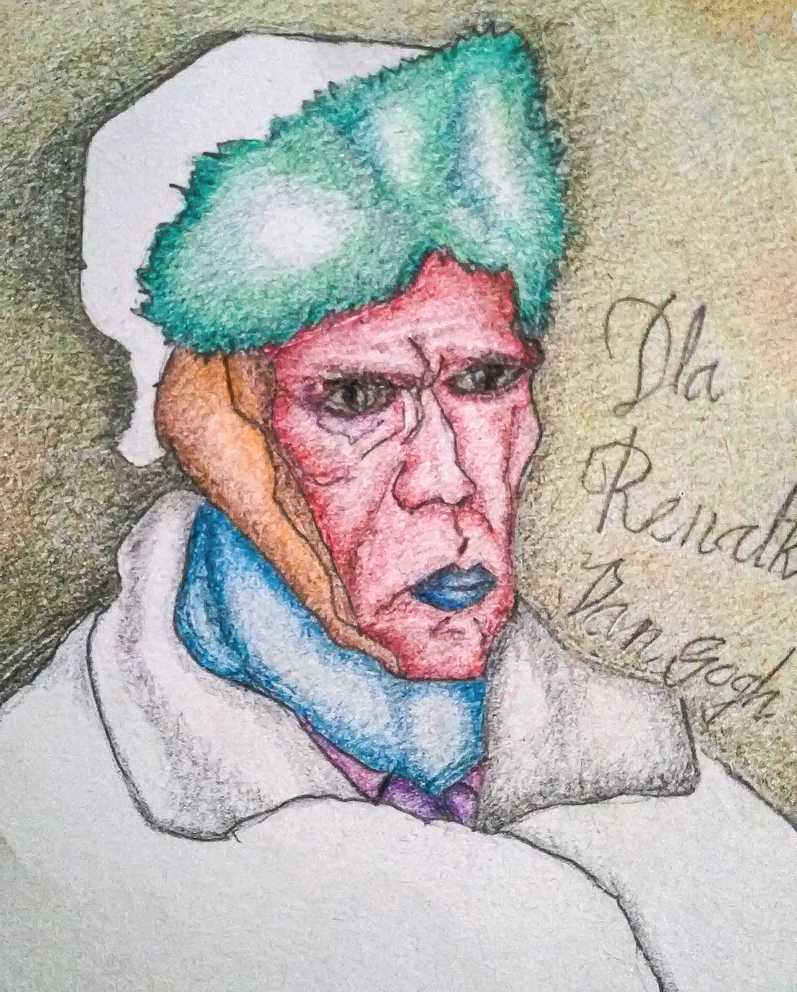 A coloured pencil drawing of a man wearing a green hat and coat, hand-drawn by JK, coloured, photographed and digitally enhanced by Inner Imprints.