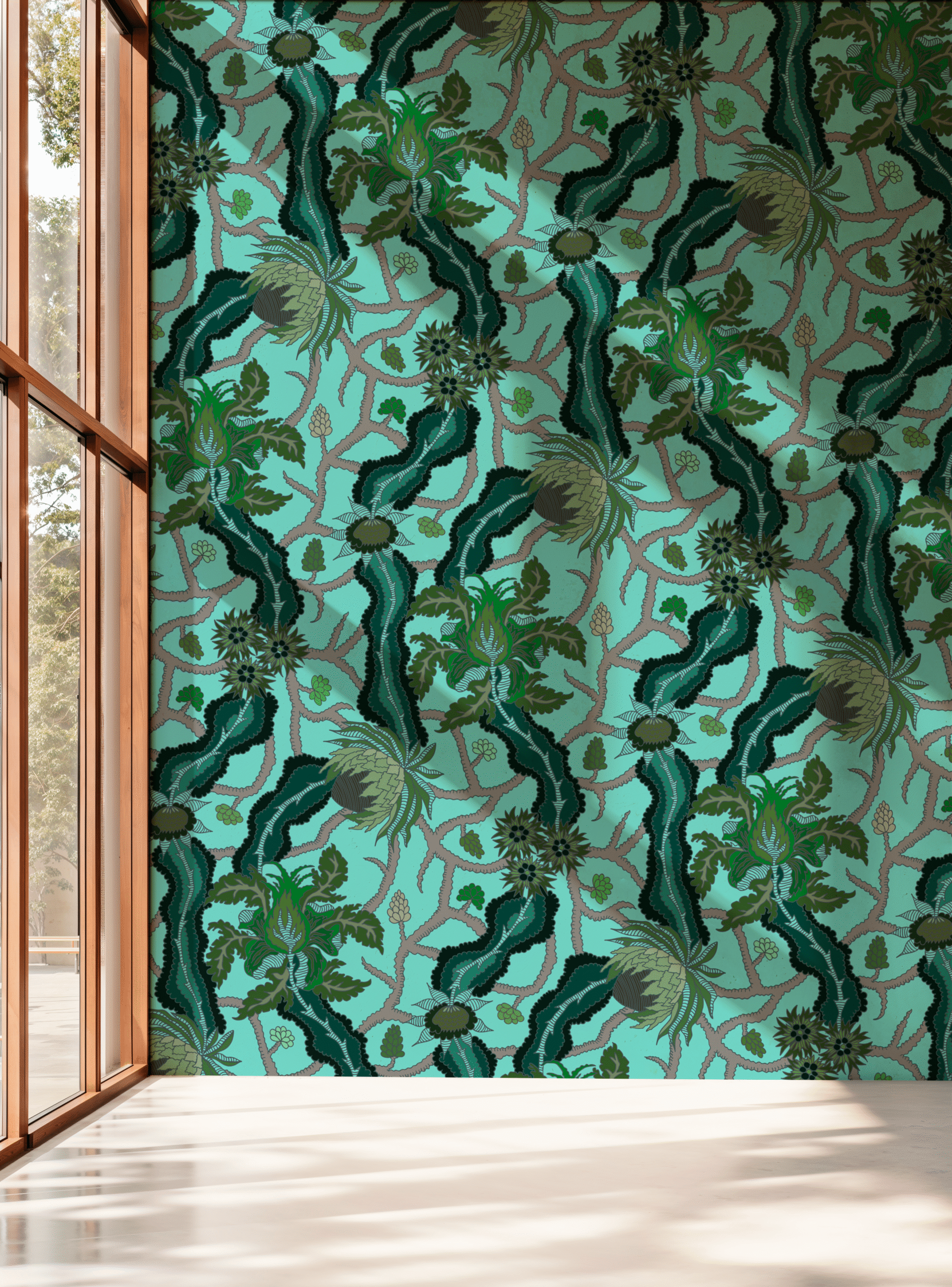 Interior mockup featuring a vibrant trailing floral wall pattern designed by Inner Imprints. The lush botanical motifs intertwine in fluid, organic rhythm across a teal-green background, creating a lively yet elegant atmosphere beside a sunlit wooden window frame.