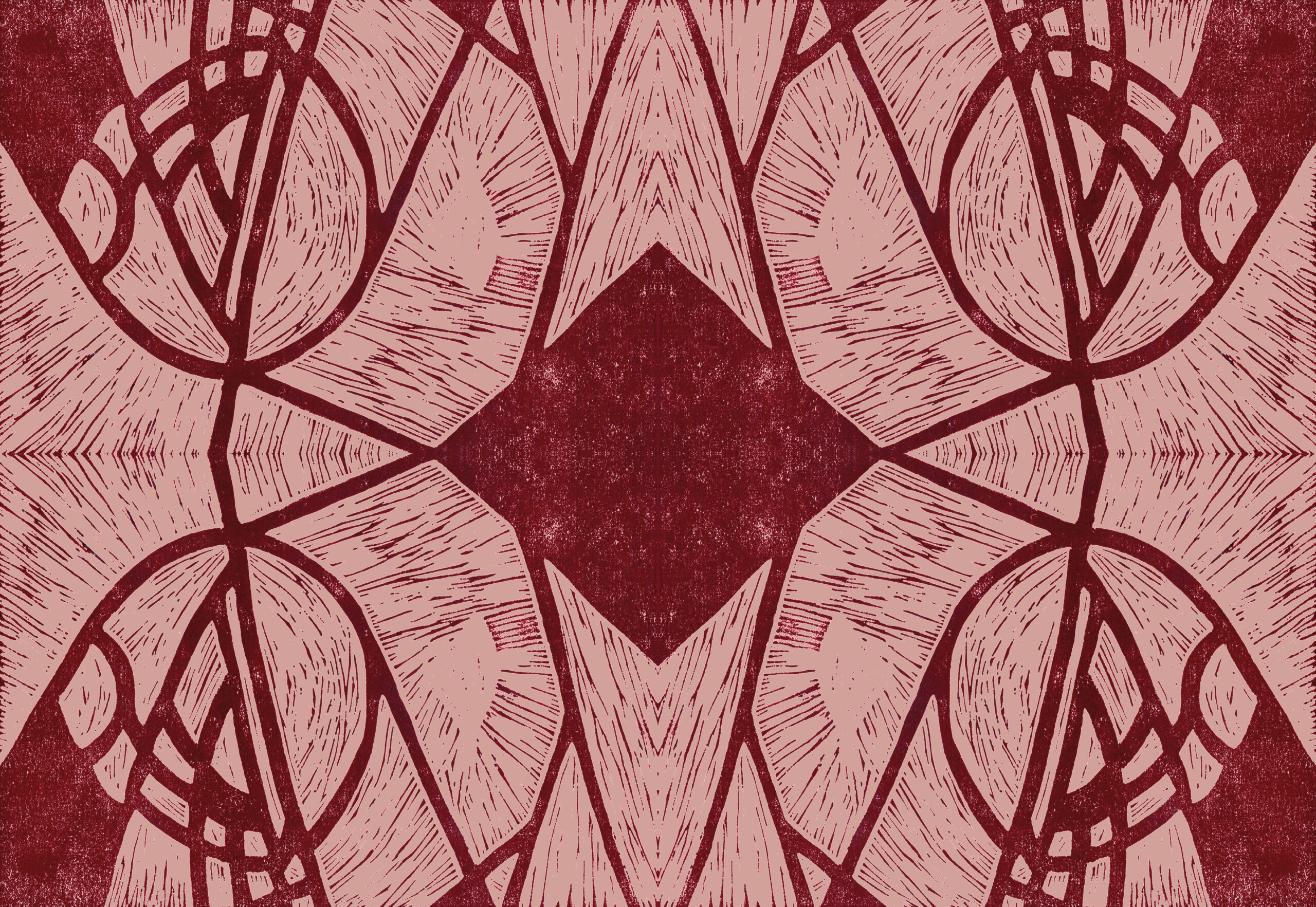 A digitized repeat tile of the LIPS pattern, created by Renata, founder and designer of Inner Imprints. The design shows mirrored, carved-like burgundy linework arranged in a symmetrical Art Nouveau–inspired composition, refined and enhanced in Photoshop.